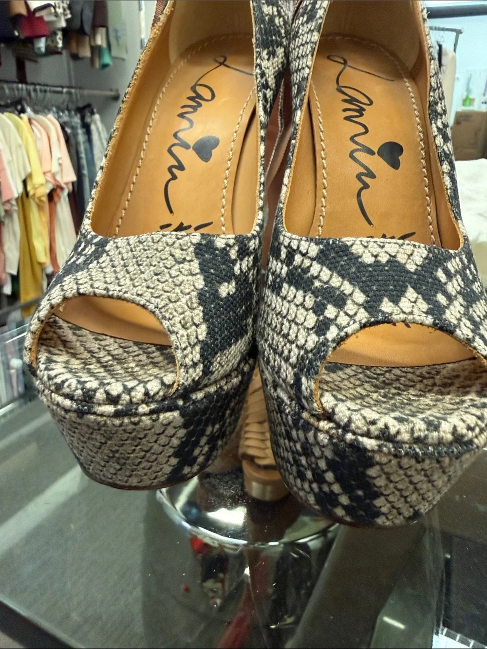 Lanvin snake-print peep-toe wedges with pink ribbon ankle ties